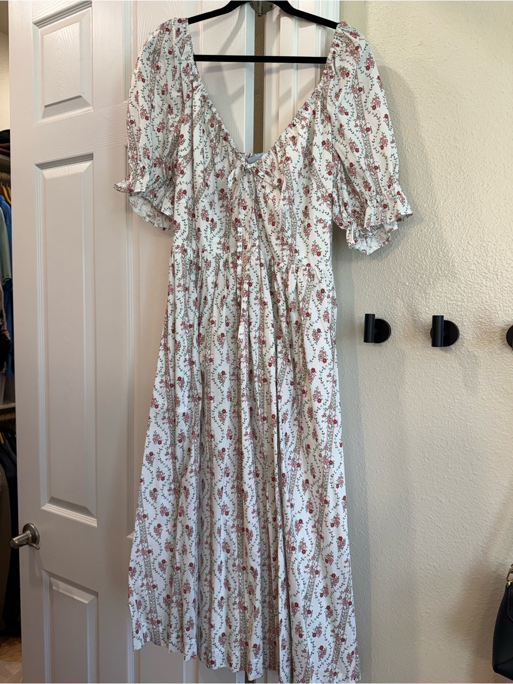 Hill House White Floral Midi Dress with Pink & Green Print